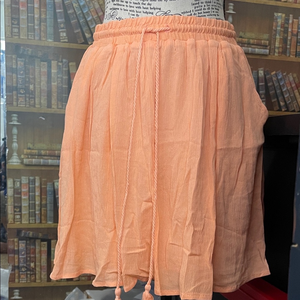 Elegant Coral Skater Skirt with Drawstring and 2side pockets